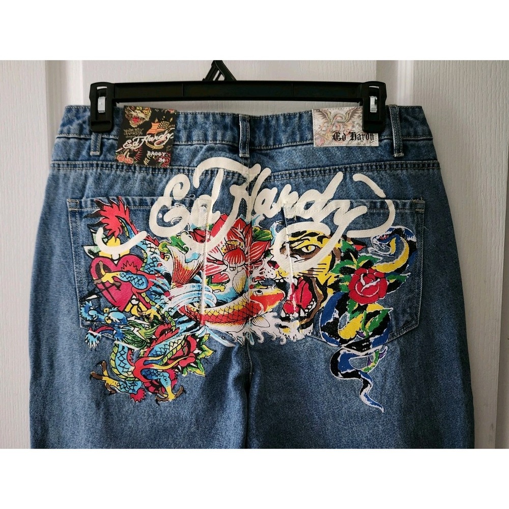 Ed Hardy Multi Tattoo Low Waist Baggy Jeans Women's Size 34 Painted Logo Koi‎